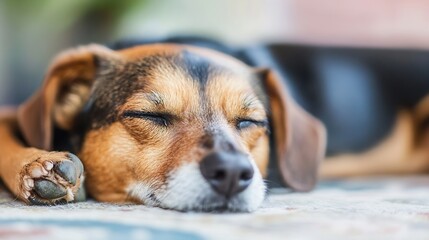 Cute sleeping dog resting on a cozy surface capturing a moment of tranquility and comfort : Generative AI