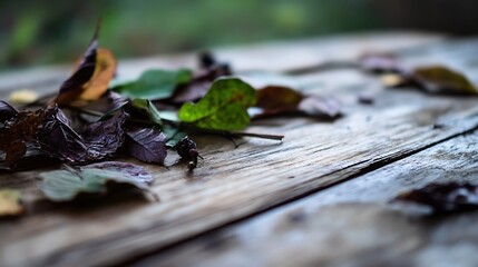 Close-up of dried leaves on wooden surface evoking a sense of nature and decay : Generative AI