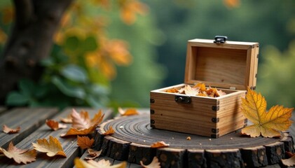 Small wooden box on wooden plank, minimalist interior, furniture, home decor