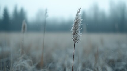 Frosted Grass in Misty Field, Nature's Winter Beauty, Outdoor Scene, Photo for Nature Photography