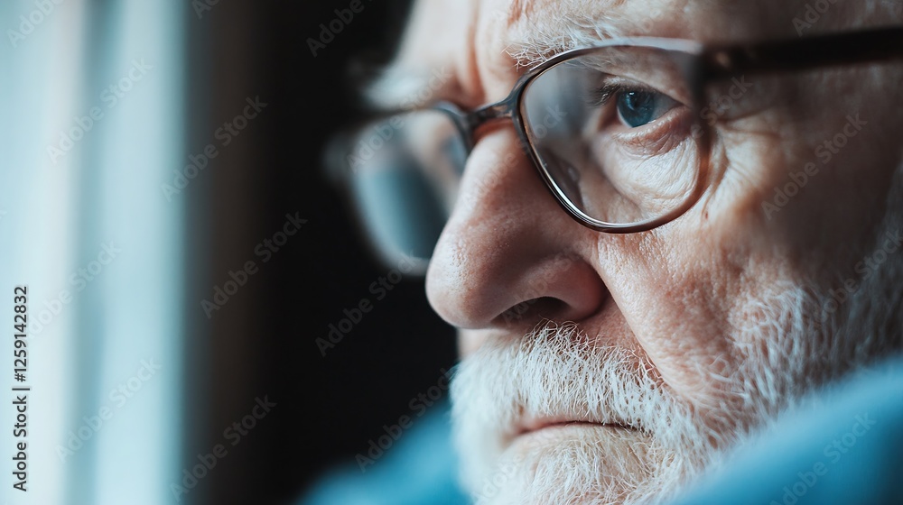 Poster pensive elderly man with glasses staring out of window with deep expression : generative ai