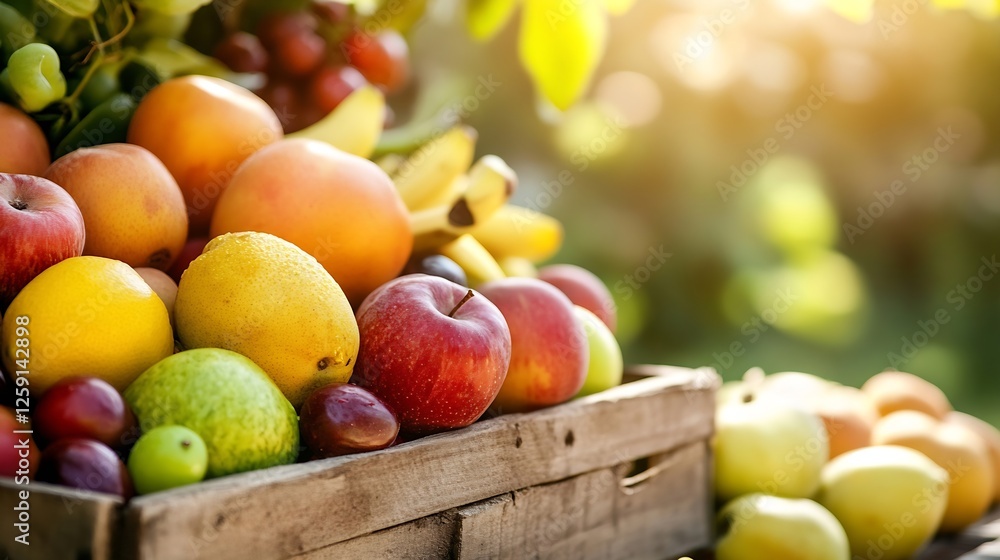 Poster fresh and colorful assorted fruits in a wooden crate surrounded by greenery : generative ai