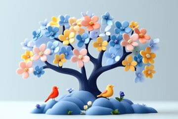 A whimsical tree made of colorful flowers in pastel shades, with two small birds perched at the base. The tree features blue, pink, and yellow flowers, set against a soft, light background. 
