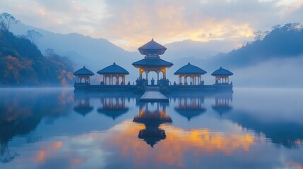 Fototapeta premium Ulun Danu Temple serene sunrise reflection mist mountains