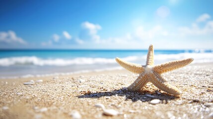 Beautiful Starfish on Sandy Beach with Crystal Clear Ocean Waves and Breathtaking Sunny Sky in the Background : Generative AI