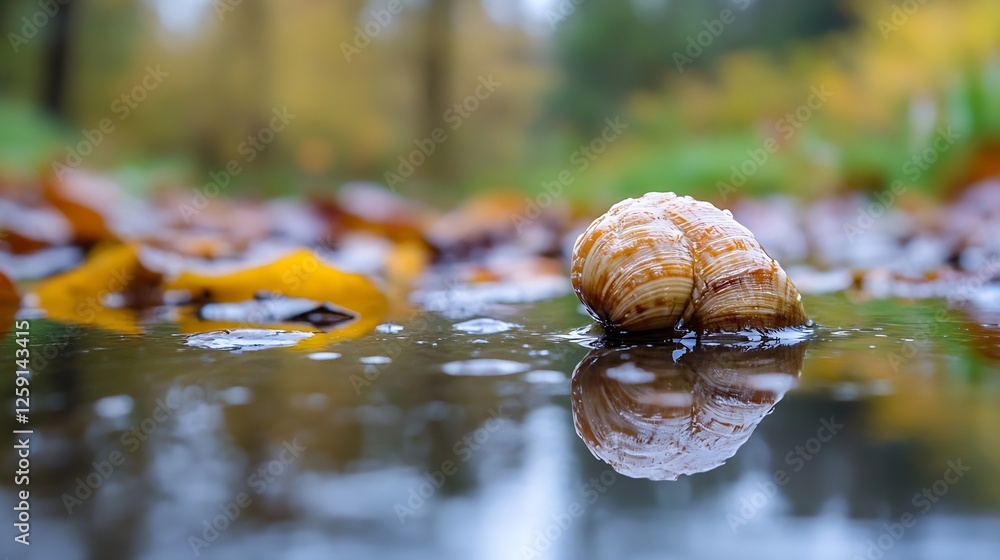 Poster Close Up of a Snail Shell Resting on Rainy Leaves with Reflections in Water : Generative AI