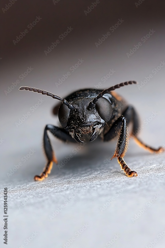 Poster extreme close up of a black insect with distinct antennae and eyes on smooth surface : generative ai