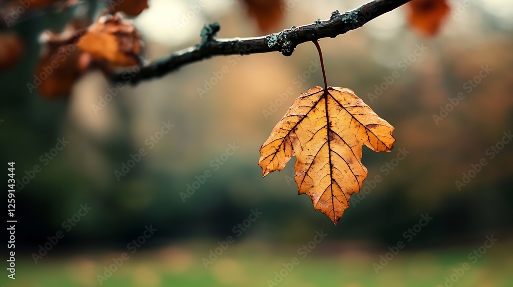 Poster Close up of an autumn leaf hanging on a branch with a blurred background of vibrant autumn colors : Generative AI