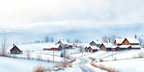Snowy Winter Village Landscape Cozy Houses Winding Road Scenic Hills