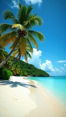 Naklejka premium Sandy beach with palm trees and clear blue water, white sand, sun-kissed