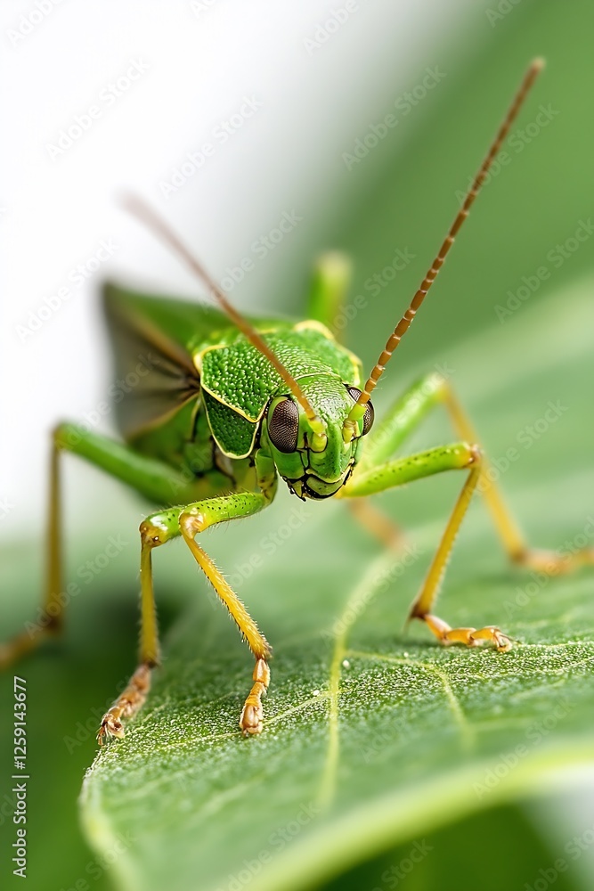 Poster Macro Shot of a Green Grasshopper on a Leaf in Nature : Generative AI