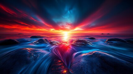 Fototapeta premium Vibrant sunset over ocean rocks, long exposure, peaceful scene, ideal for travel posters.