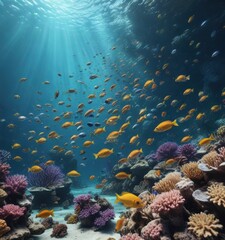 Naklejka premium School of colorful fish swimming together in a coral reef underwater scene, aquatic animals, coral reef, ocean life