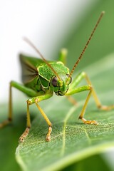 Fototapeta premium Macro Shot of a Green Grasshopper on a Leaf in Nature : Generative AI