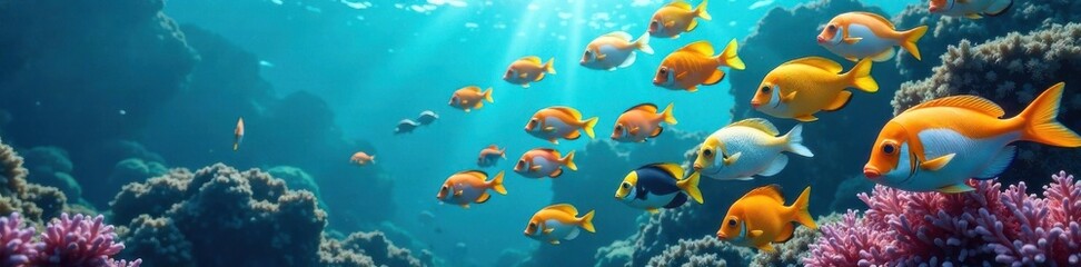 Naklejka premium School of colorful fish swimming together in the ocean , ocean, fishing, aquatic
