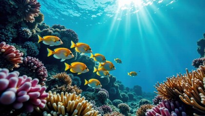 Fototapeta premium School of fish swimming together in the coral reef, marine, sea life, coral