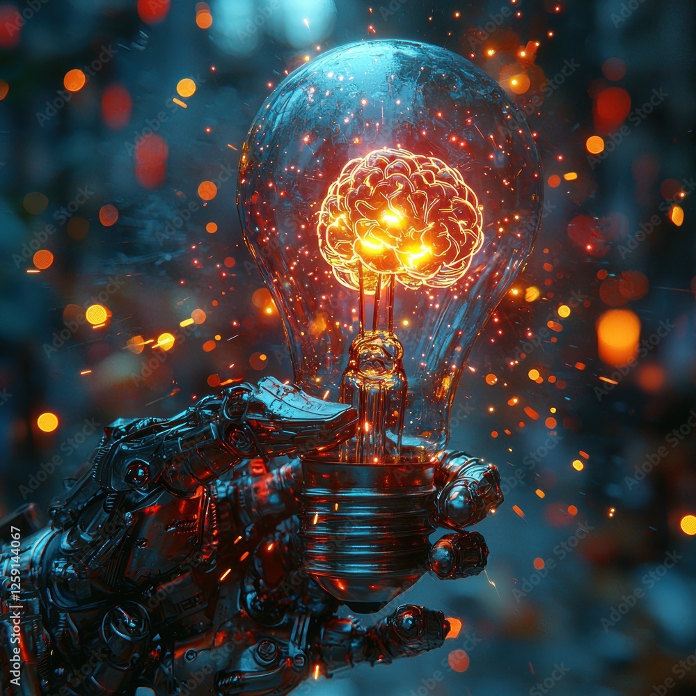 Poster a robotic hand holds a lightbulb with a brain inside