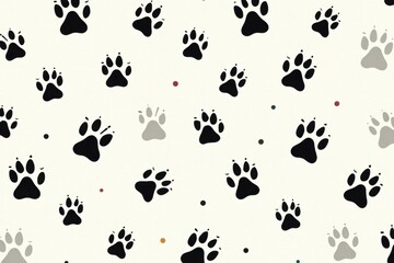 Fototapeta premium Seamless black paw print doodle pattern on a minimalist background for animal lovers and pet owners, doodle art, seamless backgrounds