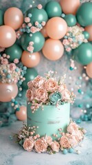 Beautiful pastel birthday cake adorned with flowers and balloons in a festive room