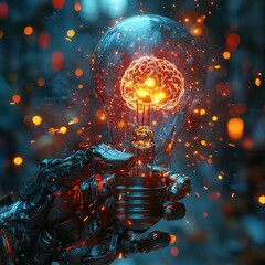 A Robotic Hand Holds A Lightbulb With A Brain Inside