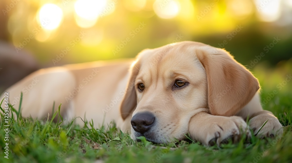Poster Cute Labrador Puppy Relaxing in Sunlight on Green Grass in Outdoor Setting : Generative AI