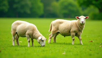 Obraz premium Sheep grazing in a green meadow , countryside, livestock, rural landscape