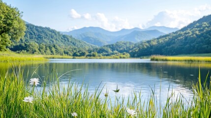 Fototapeta premium Serene mountain lake, tranquil summer scene, idyllic landscape, nature background, perfect for travel brochures