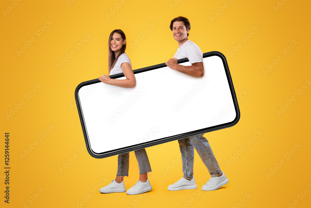 Poster full body length side view profile of cheerful couple carrying big smart phone with blank white scre