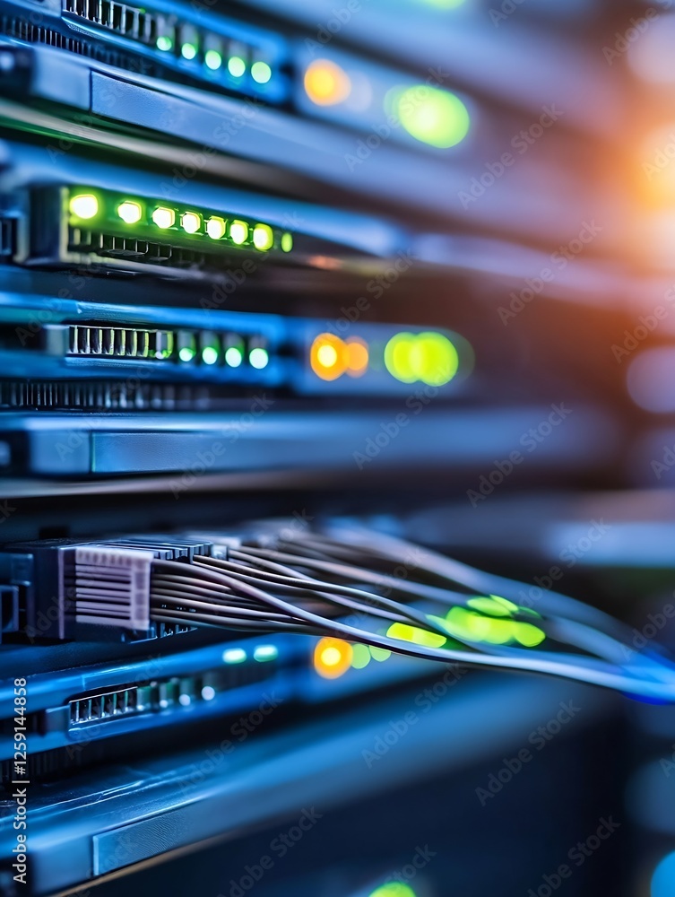 Fototapete Close Up of Network Servers with Sparkling Lights and Cables in Data Center : Generative AI