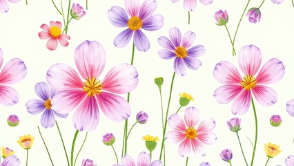 Fototapeta premium Pretty Pink Purple Cosmos Flowers Seamless Pattern Floral Background