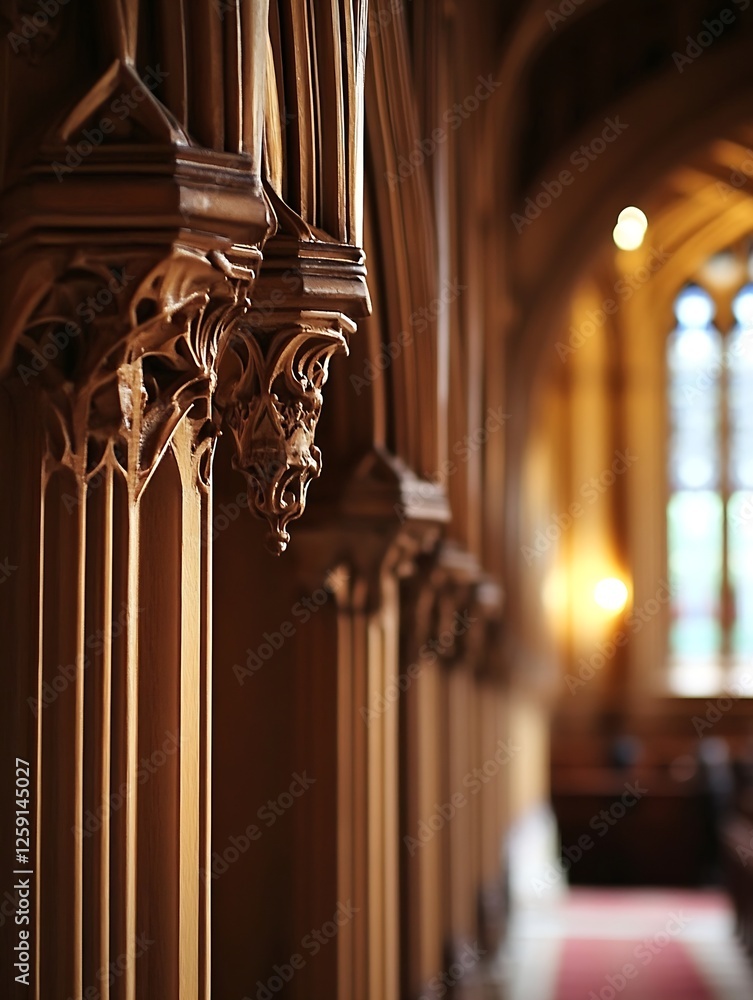 Poster intricate wooden architecture with detailed carvings and soft focus lighting in historical setting :
