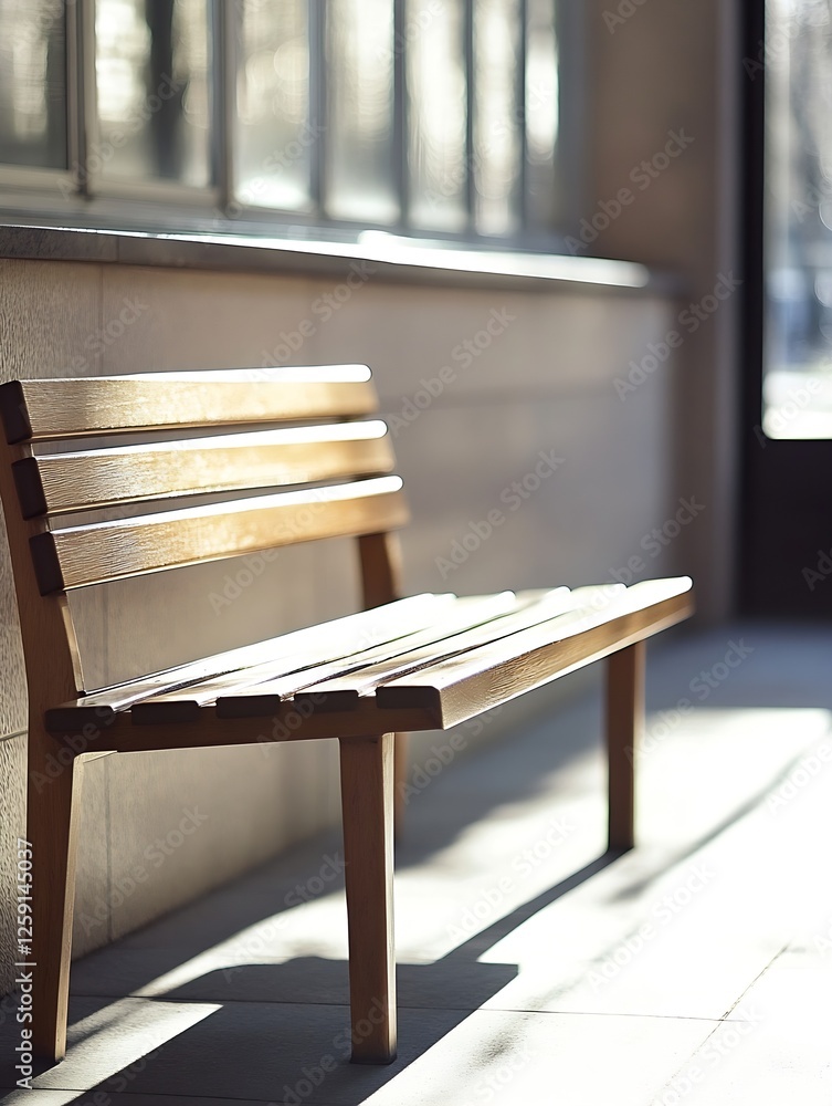 Aufkleber Wooden bench bathed in natural light creating soft shadows and warm tones : Generative AI