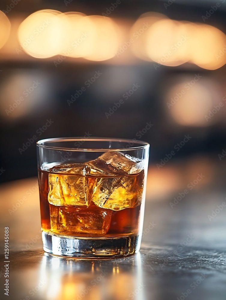 Poster Glass of Whiskey with Ice Cubes on a Bar Counter in a Cozy Ambient Light Setting : Generative AI