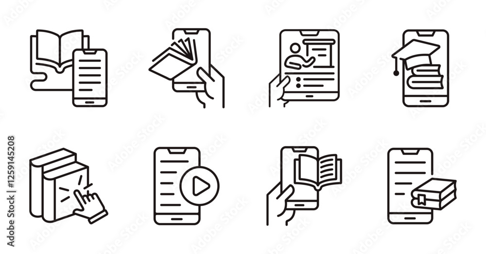 Aufkleber education online mobile learning icon line set school course study classroom lecture read book signs