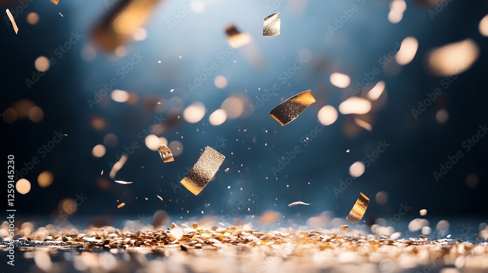Poster dynamic golden confetti and shimmering pieces falling through the air creating an energetic celebrat