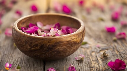 Beautiful Wooden Bowl Filled with Delicate Rose Petals on Rustic Table Surface : Generative AI