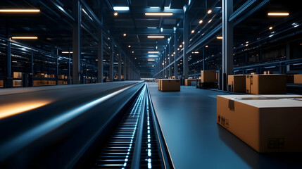 Fototapeta premium Modern Automated Logistics Warehouse with Conveyor Belt System and Dynamic Lighting, Industrial Photography