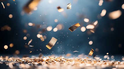 Dynamic golden confetti and shimmering pieces falling through the air creating an energetic celebration atmosphere : Generative AI