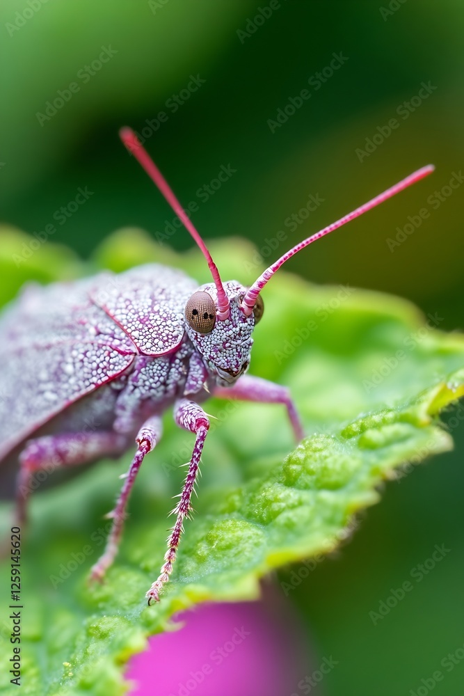 Poster Close Up of Vibrant Pink Grasshopper Resting on Leaf with Intricate Details and Colorful Background : Generative AI
