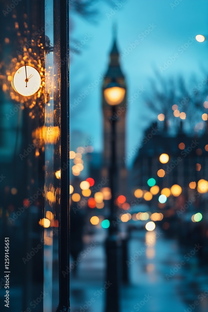 Poster Charming Cityscape at Dusk with Reflections and Iconic Clock Tower in Background : Generative AI