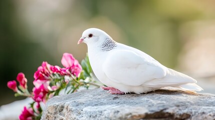 Beautiful white dove perched gracefully beside colorful flowers on a sunny day symbolizing peace and love : Generative AI