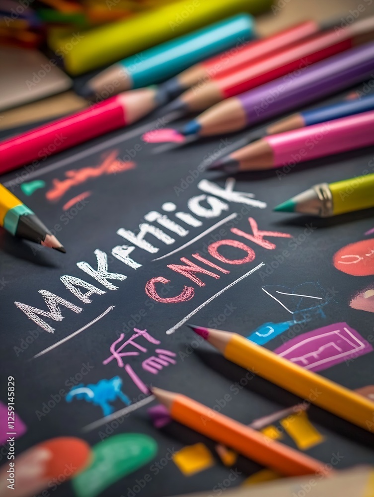 Poster artistic close up of colorful crayons and creative drawing tools on blackboard for inspiration : gen