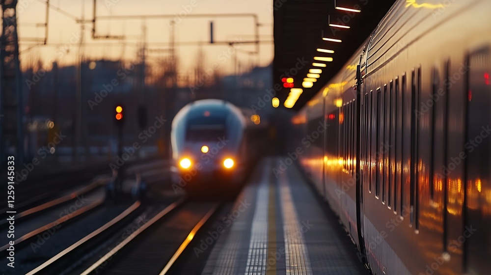 Aufkleber dynamic motion of a high-speed train approaching the station at dusk creating a modern transport sce