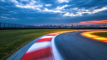 Naklejka premium Twilight Racetrack Curve City Skyline Background