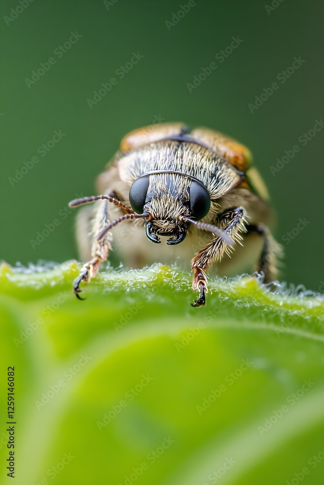 Poster close-up of a colorful beetle crawling on a green leaf in nature : generative ai
