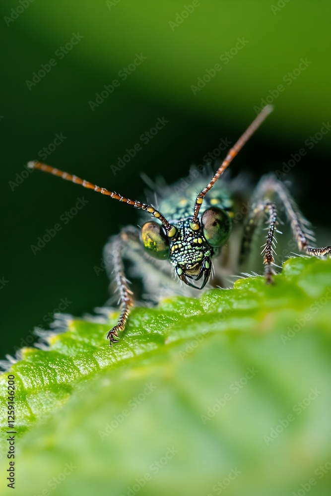 Poster intricate close up of a green insect perched on a leaf showcasing detailed features and textures : g