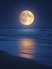 Majestic Full Moon Over Calm Ocean Waters Reflecting Night Sky : Generative AI