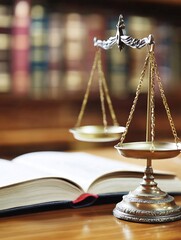 Elegant Brass Scales of Justice Over an Open Law Book in a Library Setting : Generative AI