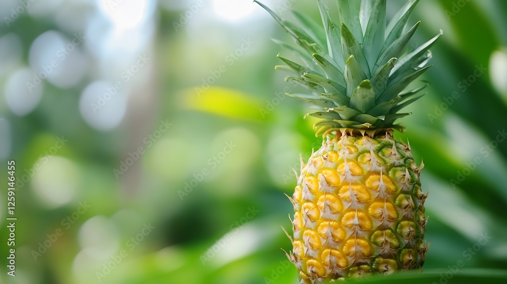 Poster fresh ripe pineapple on a blurry green background with tropical vibes : generative ai