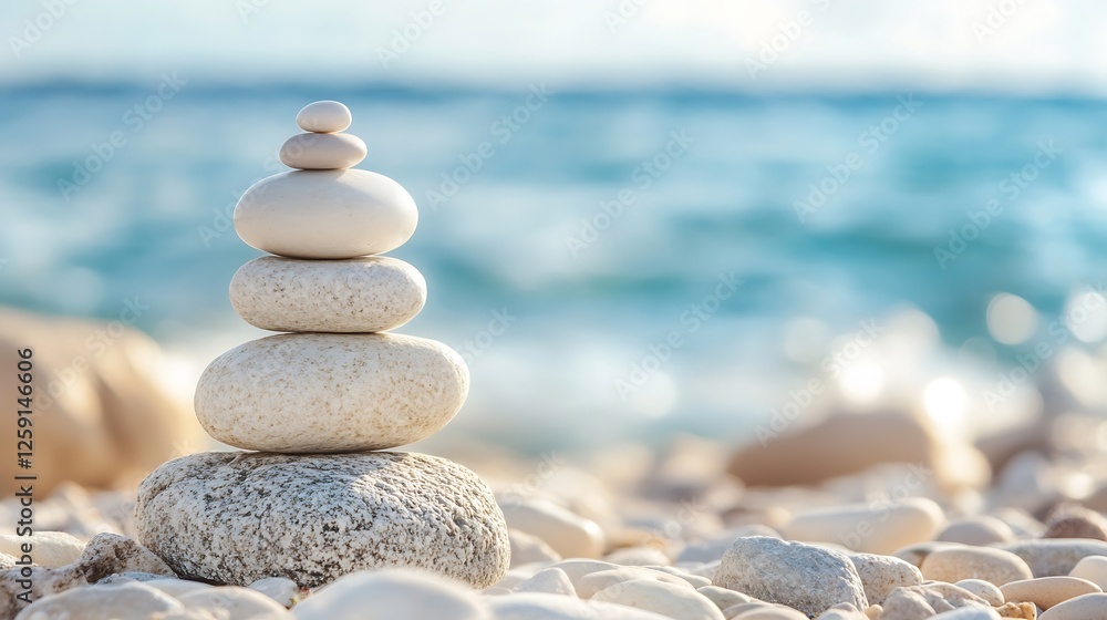 Poster serene stack of smooth beach stones symbolizing peace and balance beside the calm sea : generative a